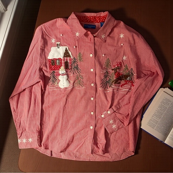 Karen Scott Tops - Karen Scott Vintage Red Gingham Christmas Shirt XL Embroidered Snowman Reindeer